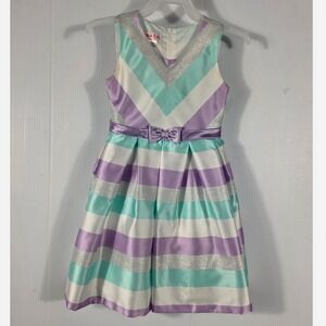Jessica Ann Girls Size 5 Striped Metallic Party Dress Purple Teal Silver Bow